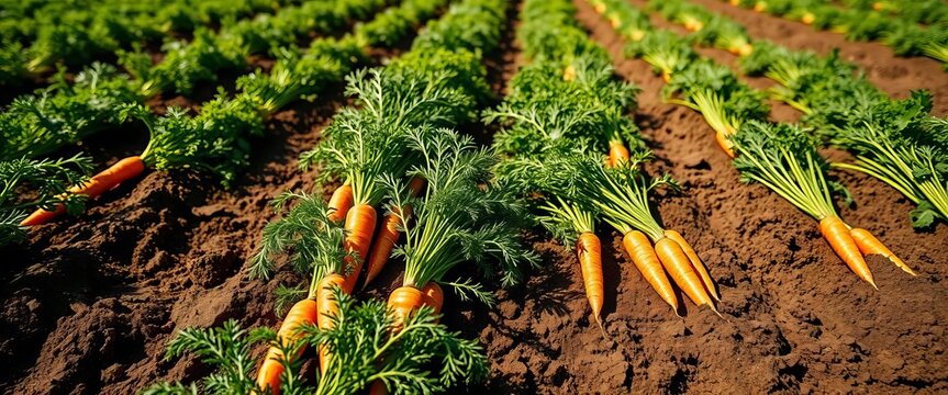Rows of freshly harvested carrots in rich soil, sunny farmland background, crop, plant