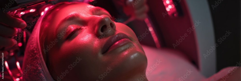 Poster rejuvenation machine glowing during facial session in futuristic setting with upper third exposed