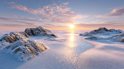 Icy terrain bathed in soft golden sunset light with sparkling snow and rocky hills