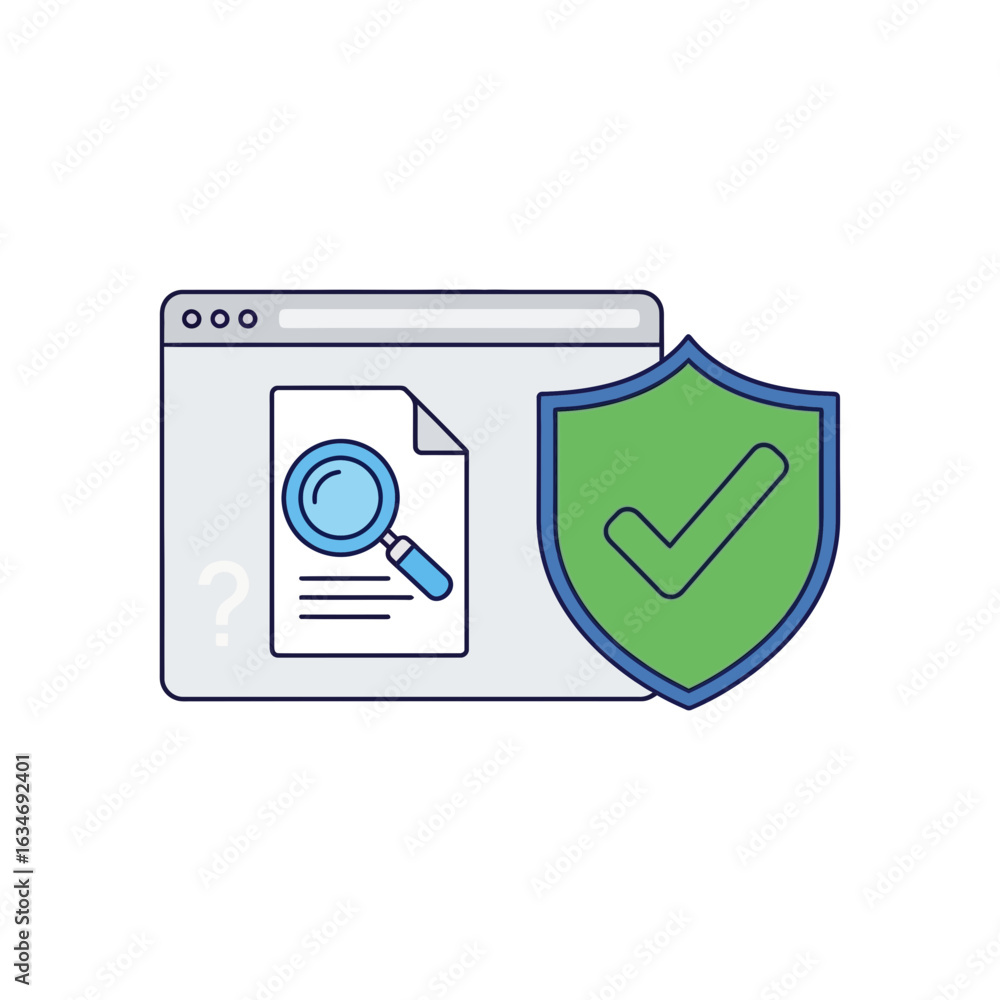 Poster web page with magnifying glass over document and a green shield with checkmark.