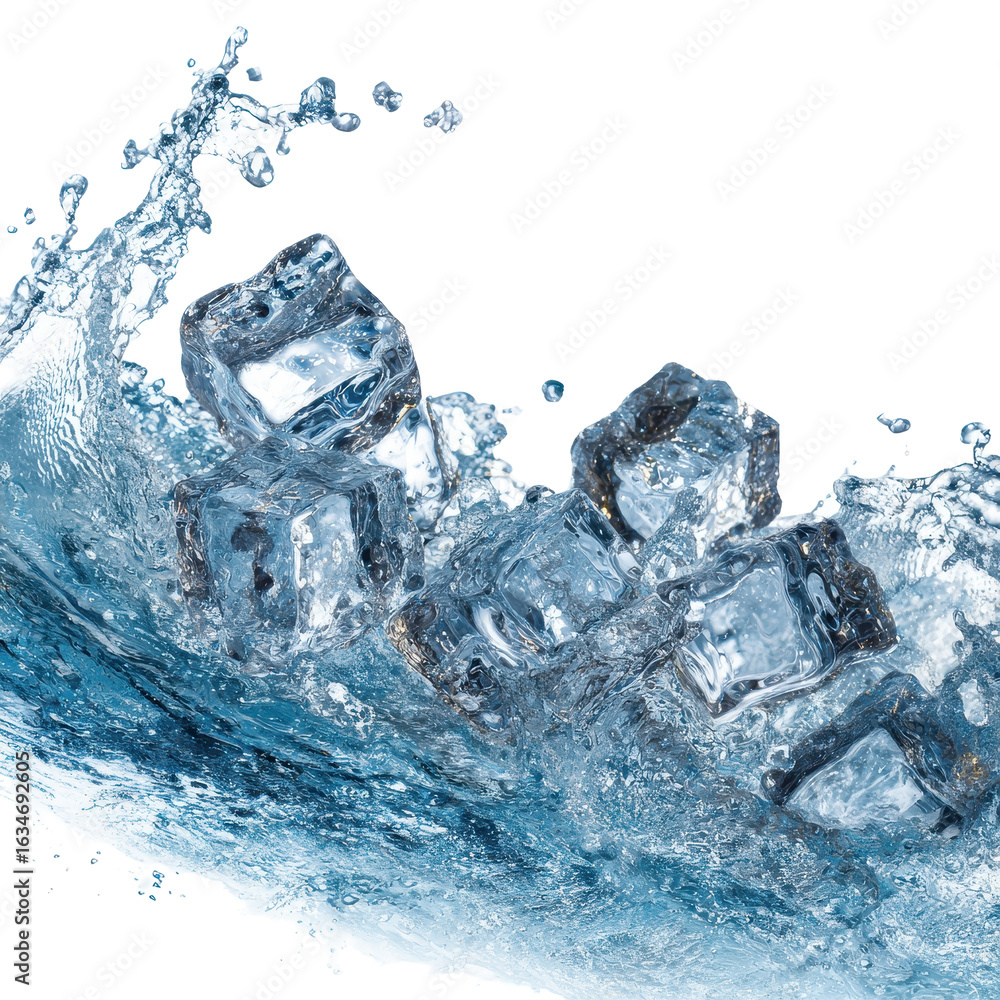 Poster fresh ice cubes splash into clear water creating dynamic waves and ripples in a refreshing setting