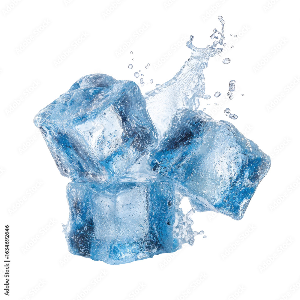Poster ice cubes splash into clear water creating a refreshing scene in a bright setting