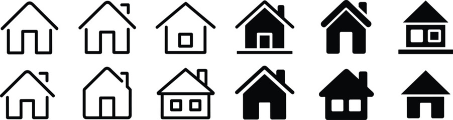 House icons, black and white vector, minimalist design, roof styles, window shapes, chimney details, home symbols, architecture, building