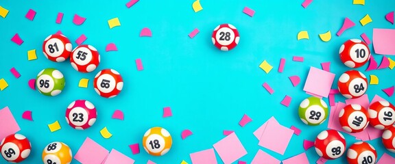 Colorful bingo balls and cards scattered on a vibrant blue background, ample copy space,  entertainment,  overhead