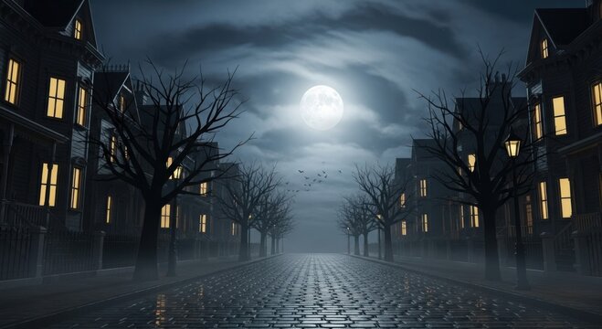 Eerie cobblestone street under a full moon with fog