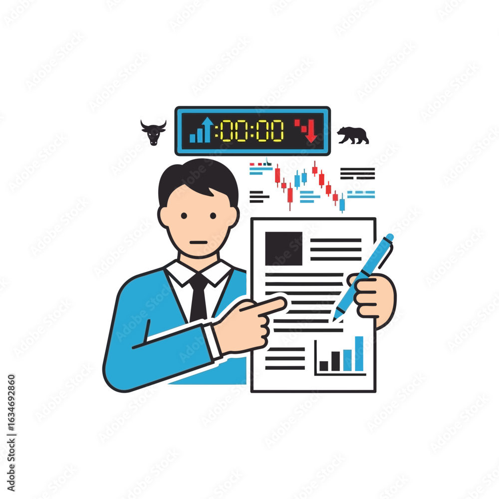Poster man in suit points to document with charts next to stock ticker.