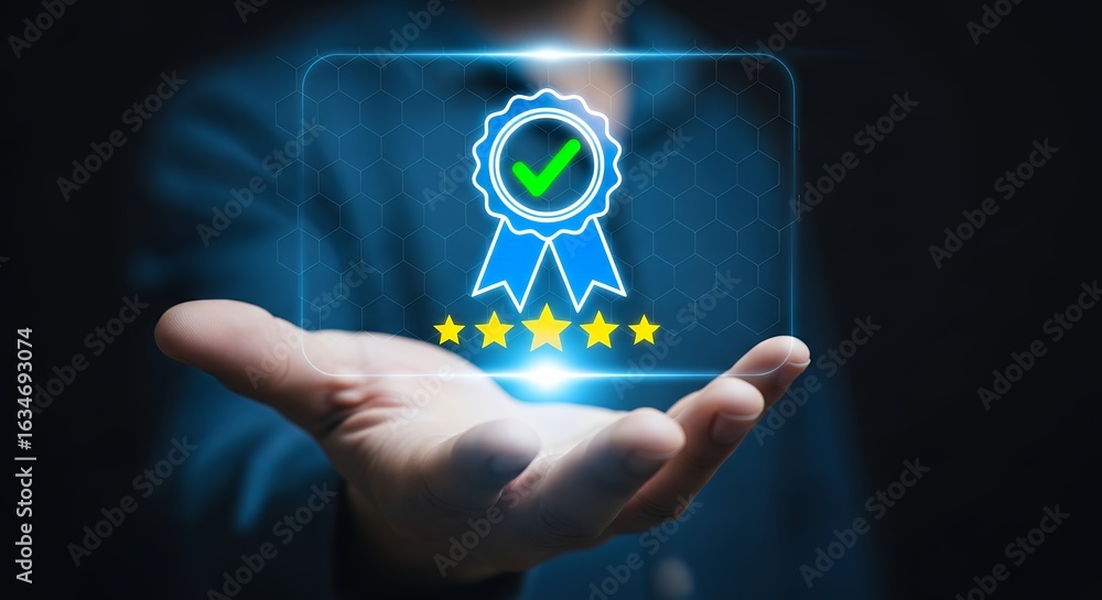 Poster quality assurance hologram displayed in hand business success verification approval certification ac