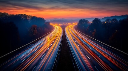 Highway at dawn, illuminated by streaks of car lights.
