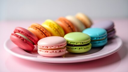 Fototapeta premium Rainbow Macarons Lined on Pastel Plate in Symmetrical Arrangement