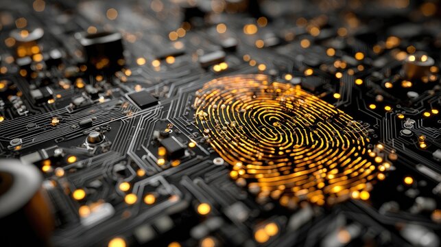 A fingerprint overlaid on a circuit board, glowing with light