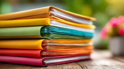 Fototapeta premium A stack of colorful binders on a wooden surface with a blurred green background, featuring yellow, orange, red, teal,