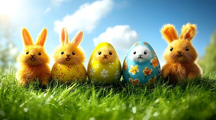Colorful easter eggs and bunnies in a grassy field.