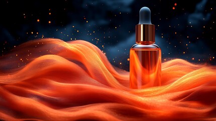 Amber glass dropper bottle on a bed of orange fabric.