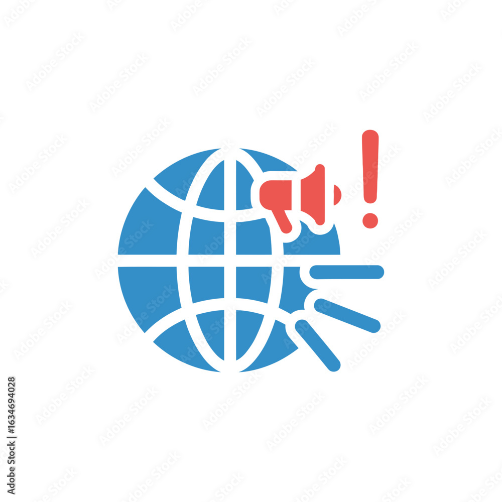 Poster globe with grid lines and a megaphone with an exclamation point icon.
