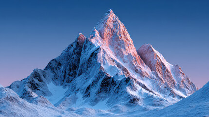 Snowy mountain peak glowing with warm light at sunset in clear blue sky