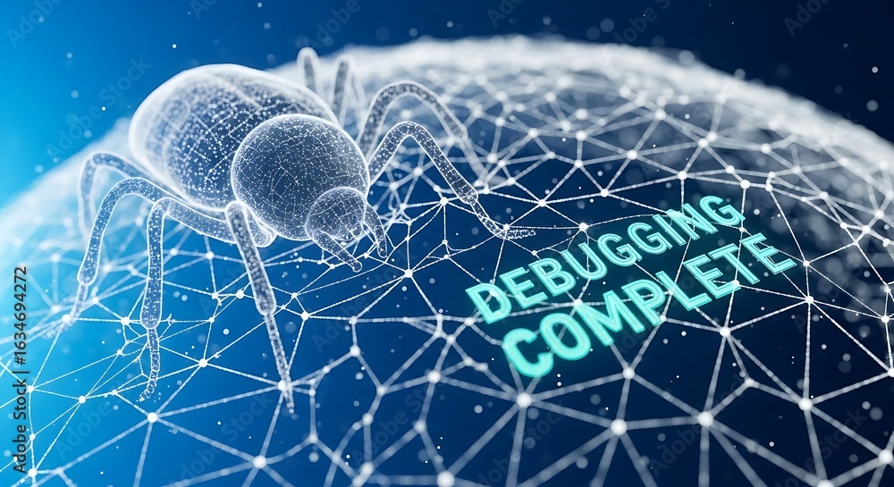 Poster a digital spider crawls across a glowing network, signaling the successful completion of a complex d