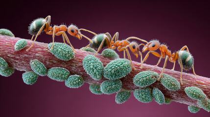 Ants farming aphids on plant stem in high resolution macro showing detailed texture
