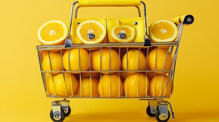Shopping cart filled with oranges against a bright yellow background.