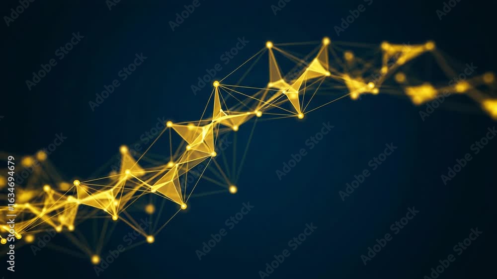 Poster abstract glowing yellow network structure with connections and nodes on a dark blue background, repr