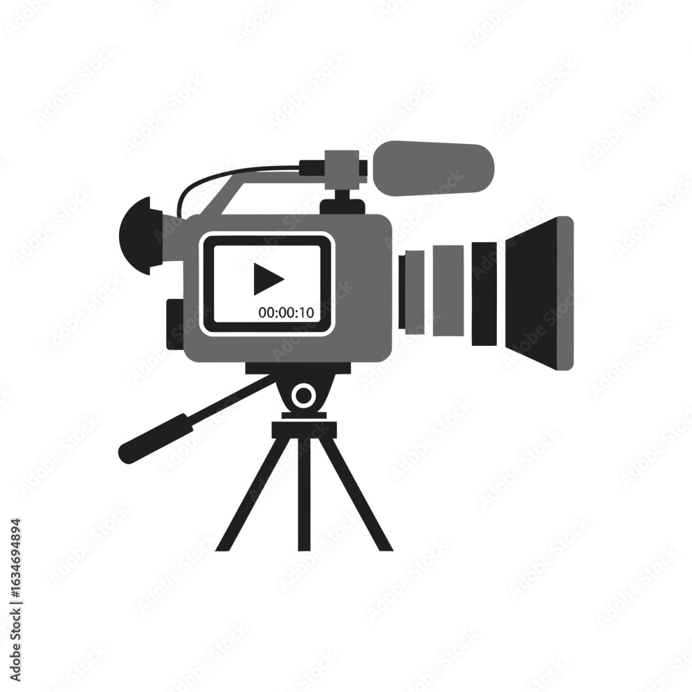 Poster gray video camera on tripod with microphone recording play button on screen.