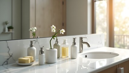 Fototapeta premium Modern Bathroom Product Set with Mirror Reflections