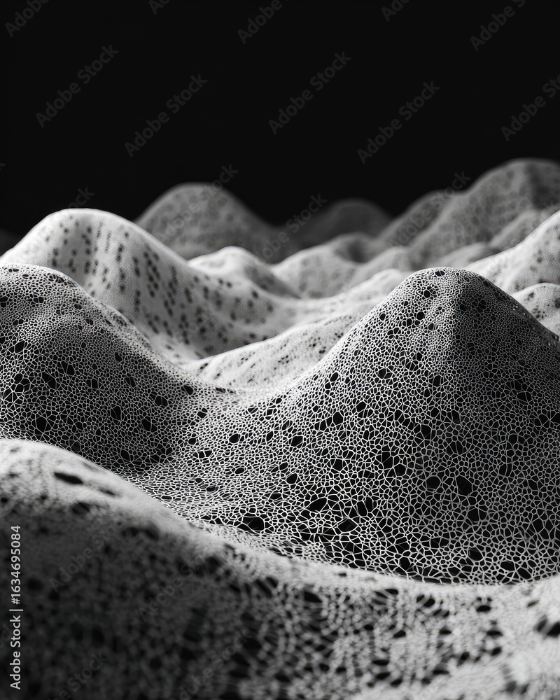 Poster monochrome digital rendering of a textured, undulating landscape; small, speckled details across sof