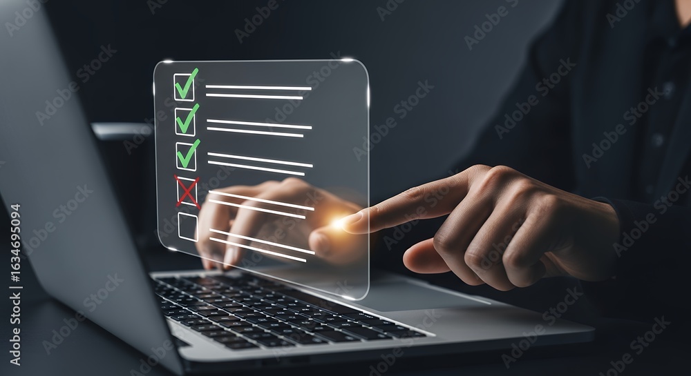 Poster selecting options on a laptop screen digital checklist interface for business decisions and data ana