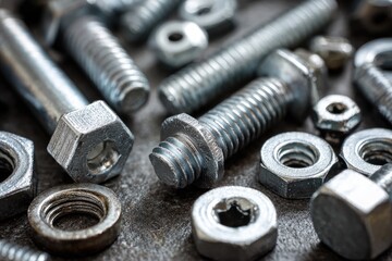 Close-up of various metal fasteners