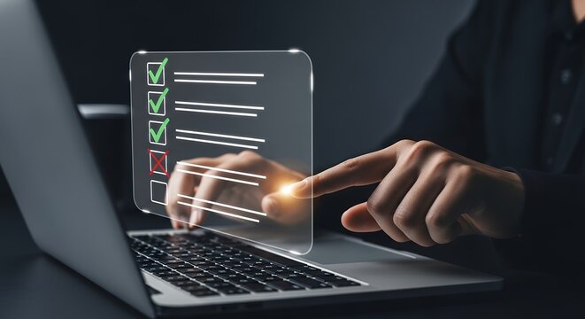 Selecting Options on a Laptop Screen  Digital Checklist Interface for Business Decisions and Data Analysis Modern Technology Concept