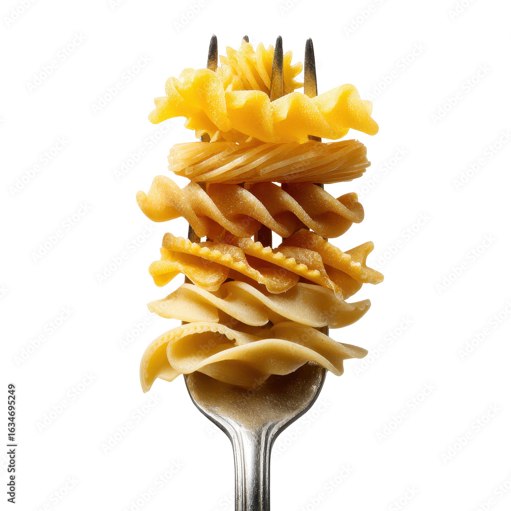 Poster different types of pasta stacked on a fork showing variety and texture in a single meal