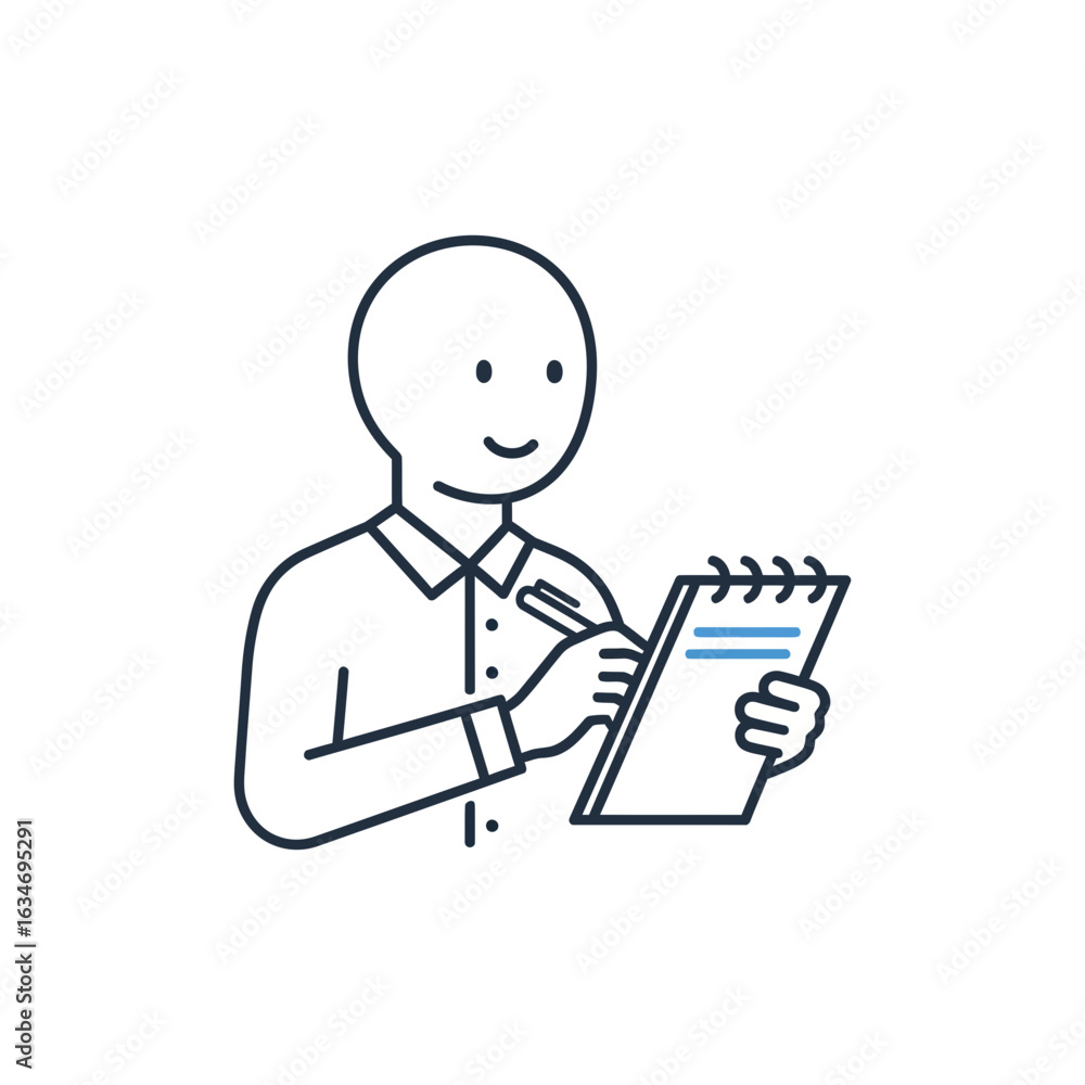 Poster line drawing of a person writing on a notepad with a pen.