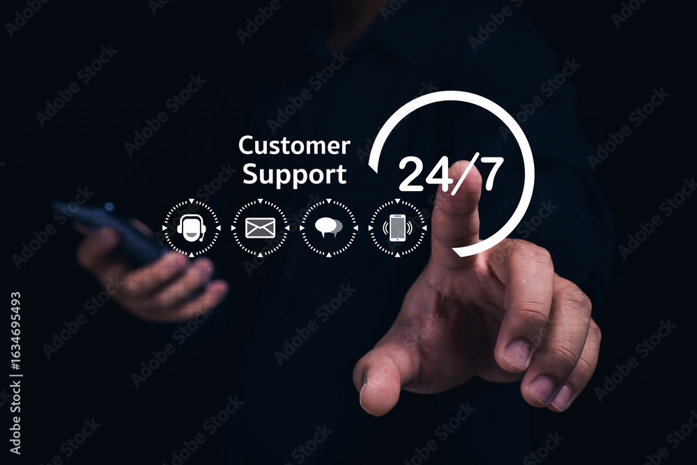 Poster a person gestures towards a digital display indicating 24/7 customer support services, emphasizing a