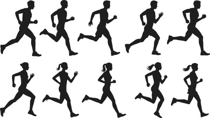 Running silhouettes, male and female runners, black vector, athletic motion, stride phases, human movement, sports training, biomechanics icons