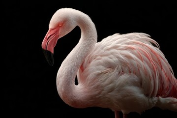 Flamingo stands elegantly against a black background showcasing vibrant feathers and striking features in a realistic portrayal
