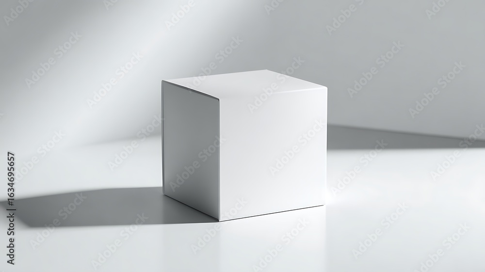 Poster A simple white cube stands in a bright studio with soft shadows falling across it