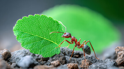 Ant carrying green leaf piece on rough soil with detailed texture in natural light