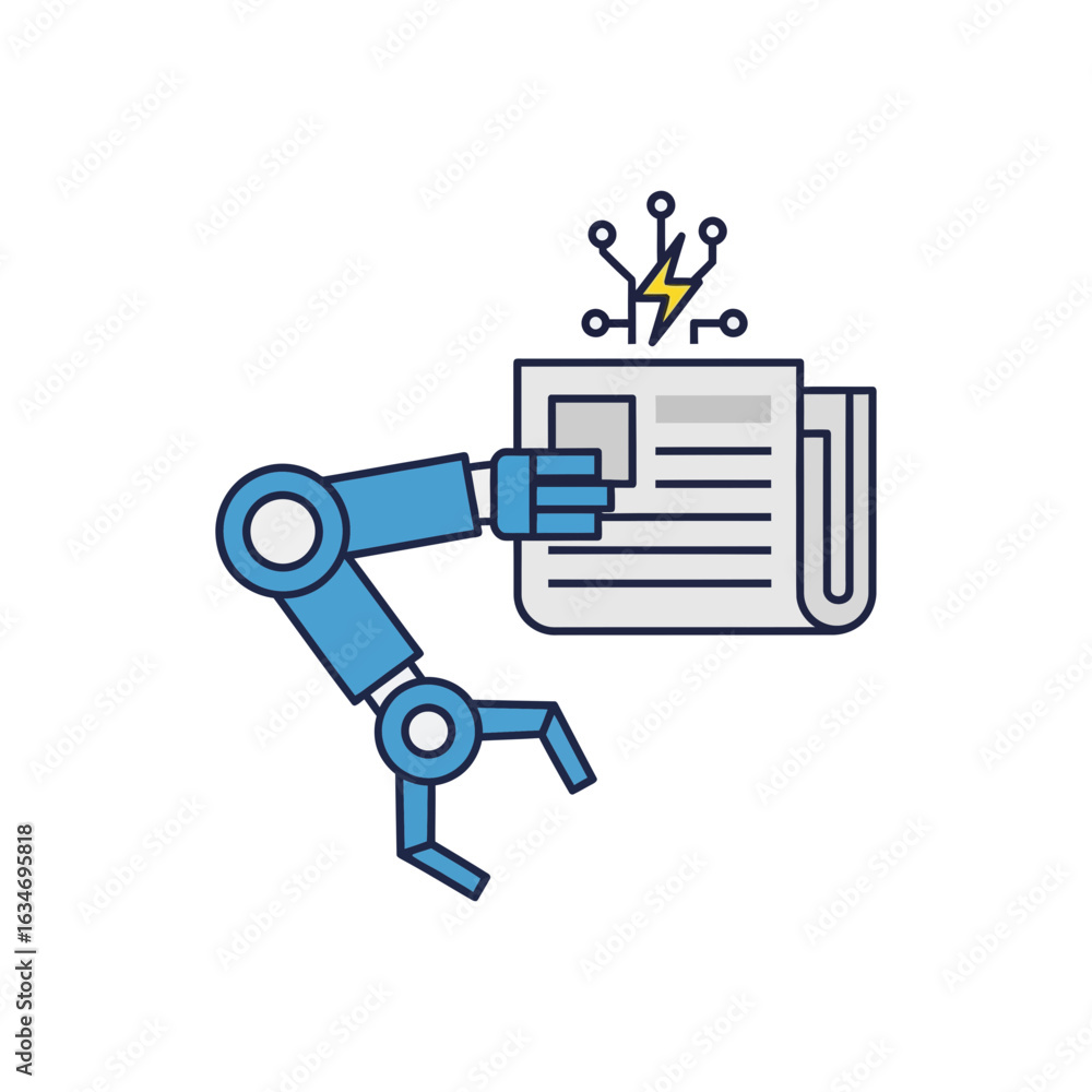 Poster robotic arm holds newspaper with abstract element on top representing information or news.