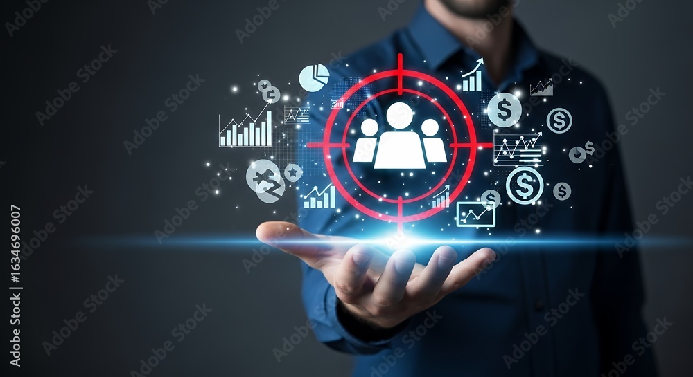 Poster targeted marketing strategy concept with data analytics icons projected in hand business growth and 