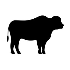 Black Buffalo Silhouette Icon in Side Profile, Black silhouette of a standing buffalo in side view, symbolizing wildlife, strength, and prairie or farm animal themes on white background.
