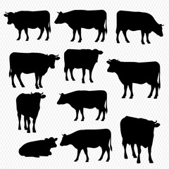 A collection of black cow silhouettes in various standing, grazing, and lying poses.