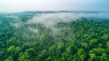 Obraz premium Lush green forest with a foggy mist covering the trees