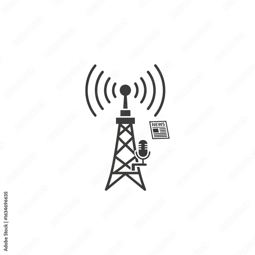 Poster communication tower with radio waves and a small building or structure nearby.