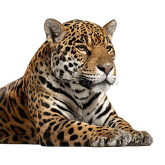 Obraz premium Leopard resting calmly on a surface showcasing its striking fur patterns and powerful presence in a natural pose