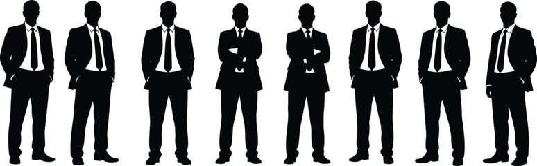 Professional business team silhouettes, corporate group in suits, business professionals standing, teamwork concept, leadership, unity, office executives