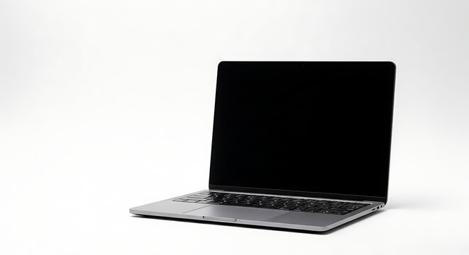 A laptop computer with a black screen sitting on a white surface in a minimalist studio setting ai generated - Powered by Adobe