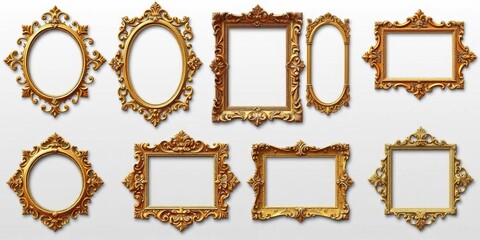 Eight isolated ornate frames, varying in shape and size, elegant gold design,  rococo,  filigree