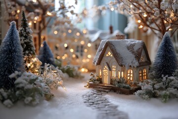 Beautifully decorated Christmas village with snow-covered houses and twinkling lights creates a magical winter scene
