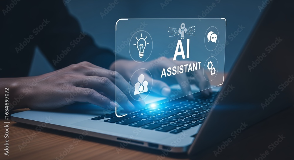 Poster using ai assistant on laptop for productivity and efficiency technology solutions and smart automati