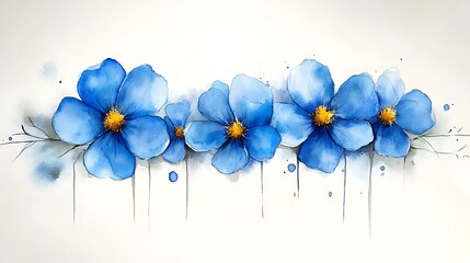 Row of vibrant blue flowers in watercolor style.