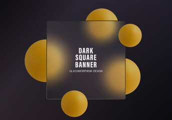 Dark square banner in glass morphism style with golden 3D spheres